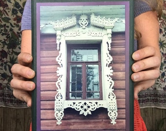 Decorative Russian Window. Woodwork. Dacha, cabin. Ancient architecture. photography. Photo mounted on wood.