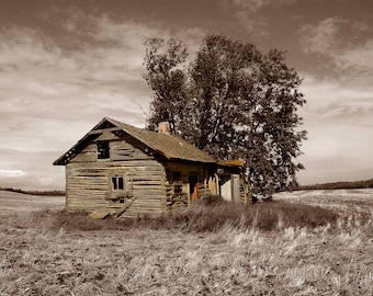 Old Farmhouse Photograph. Sepia photograph with tinting. Old farms of Alberta, Canada.  8x10 print.
