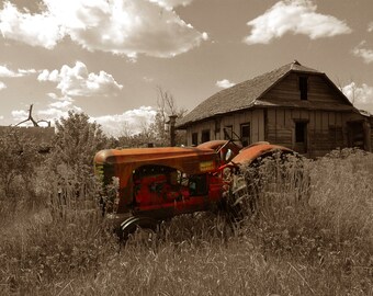 Vintage Red Tractor. Sepia photograph with tinting. Old farms of Alberta, Canada 8x10 print.