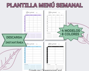 Plantilla descargable para planificar MENÚ SEMANAL, con lista de la compra y notas. 4 modelos diferentes, imprimible en 8 colores - ESPAÑOL