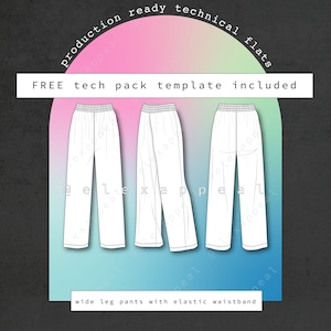 Wide Leg Pants Fashion Apparel Flat Sketch + FREE Tech Pack Template and Brushes and Pockets Included!
