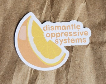 dismantle oppressive systems orange sticker - original anti-oppression fruit art -cute planner eco sticker -5cm -2 inch - no plastic