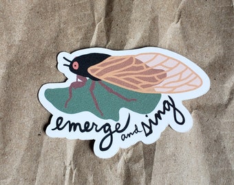 cicada emerge and sing sticker - original art - cute insect 2021 brood x die cut invasion entomology bug - 5cm - 2 inch - no plastic eco