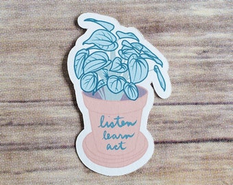 listen learn act frost peperomia houseplant sticker - original art social justice action planner sticker - 5cm- 2 inch - no plastic eco