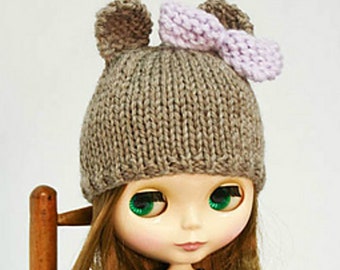 Blythe doll bear hat with bow knitting PATTERN - instant download - permission to sell finished objects