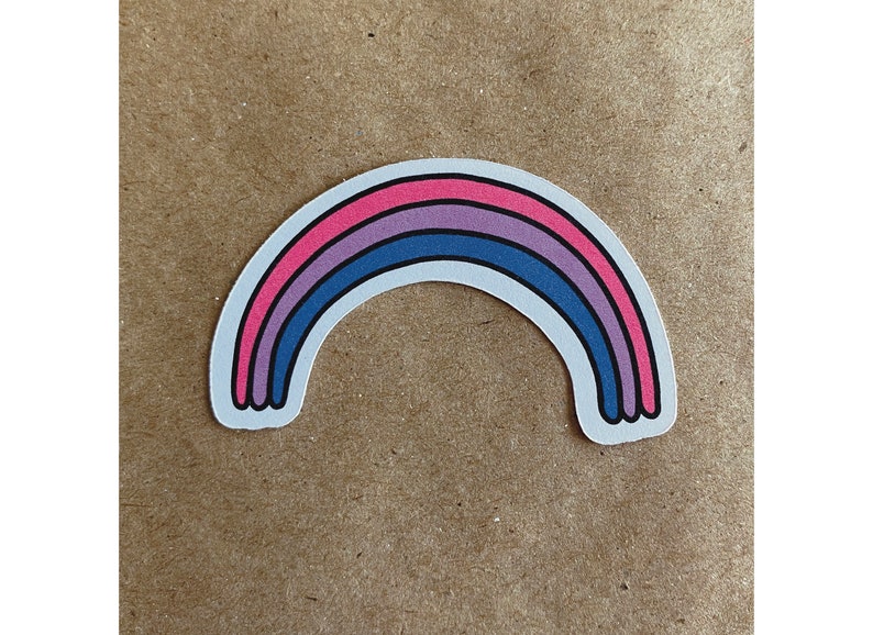 A cute sticker of a drawing of a rainbow with the colors of the bi pride flag. art by AnneArchy