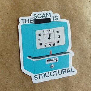 May include: A blue time clock sticker with the text "THE SCAM IS STRUCTURAL" and a clock face with the time set to 12:00.