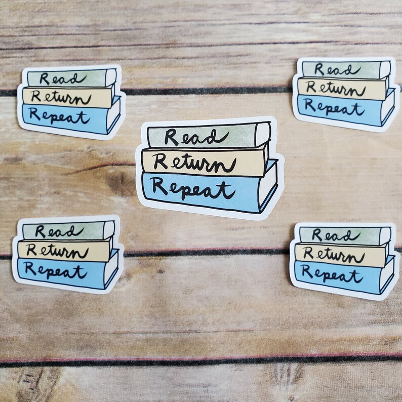 A cute sticker of a drawing of a stack of books with hand lettering showing the read return repeat cycle of library lending. art by AnneArchy