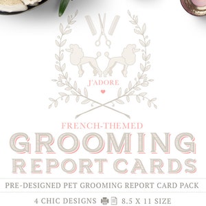 Plantilla de tarjeta de informe de cuidado de mascotas con temática francesa - Negocios de mascotas imprimibles - Diseño prefabricado - Imprimible - Peluquero - Bonito