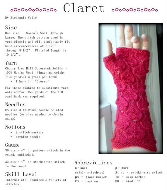 Pdf Knitting Pattern For Women Teens Claret Fingerless Etsy