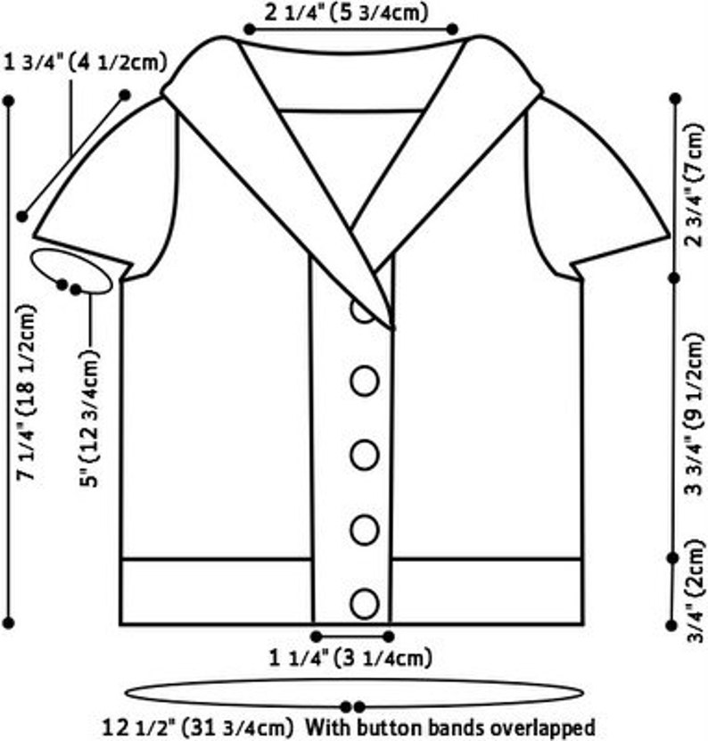Pu&ograve; includere: Un disegno in bianco e nero di una camicia con colletto, maniche corte e una patta con bottoni. La camicia ha misure in pollici e centimetri.