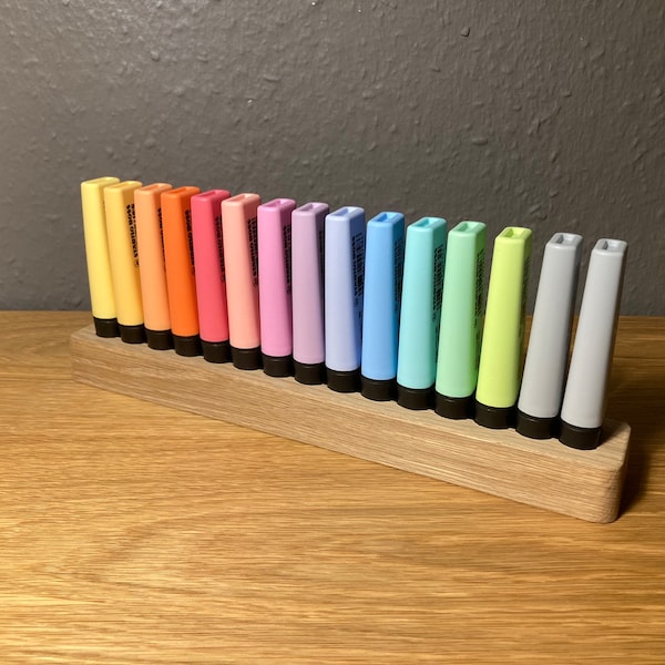 Stabilo Boss markeerstift tafeldecoratie pennenhouder bureaudecoratie levensvreugde kleurrijk regenboog eikenhout decoratie hout