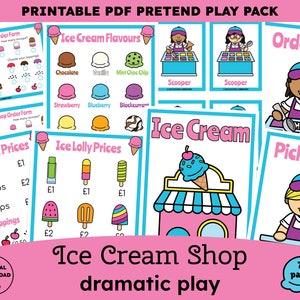 Ice cream shop dramatic play printables for pretend play ice cream parlour, Summer printable play set for home or classroom role play area