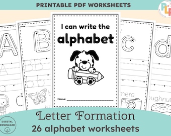 Cuaderno de trabajo de seguimiento del alfabeto para niños pequeños y preescolares: Hojas de trabajo de seguimiento del alfabeto con formación de letras y sonidos iniciales