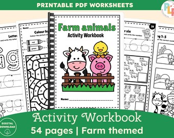May include: A farm animals activity workbook with 54 pages. The cover features a cow, pig, and chick. The workbook includes tracing, coloring, and counting activities. The words "Printable PDF Worksheets" and "Digital Download" are also visible.