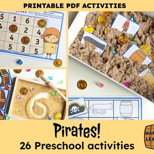 May include: A printable PDF activity pack for preschoolers featuring a pirate theme. The pack includes 26 activities, such as a number matching game, a treasure hunt, and a pirate ship coloring page. The activities are designed to be fun and educational, and they are perfect for helping preschoolers learn about pirates, numbers, and colors.