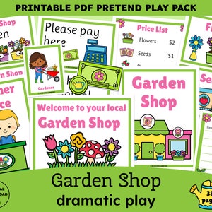 Puede incluir: Un paquete de juego de simulación PDF imprimible con el tema de una tienda de jardinería. El paquete incluye letreros para una tienda de jardinería, una lista de precios, un recibo y otros artículos. El paquete está diseñado para que los niños lo usen en juegos de simulación.