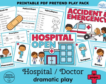 Imprimibles de juego dramático de hospital: juego de simulación de médico, juego imprimible para área de juego de roles, actividad interior para niños, tema de ayudantes comunitarios