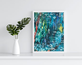 Sea, fish, abstraction, bedroom, acrylic on canvas digital print, painting, digital art, wall art, prints, instant download