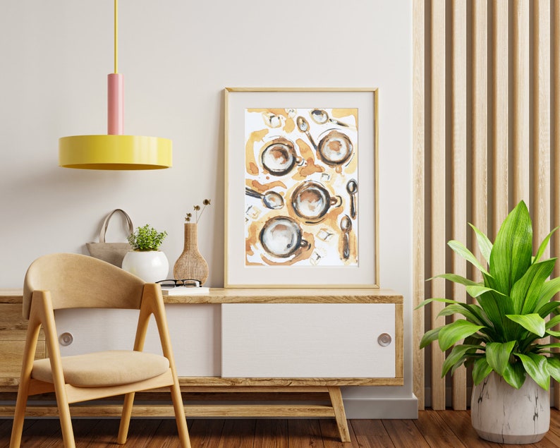 Watercolour digital coffee print, instant download, printable art, kitchen print, wall print, coffee cups and sugar print, coffee painting zdjęcie 2