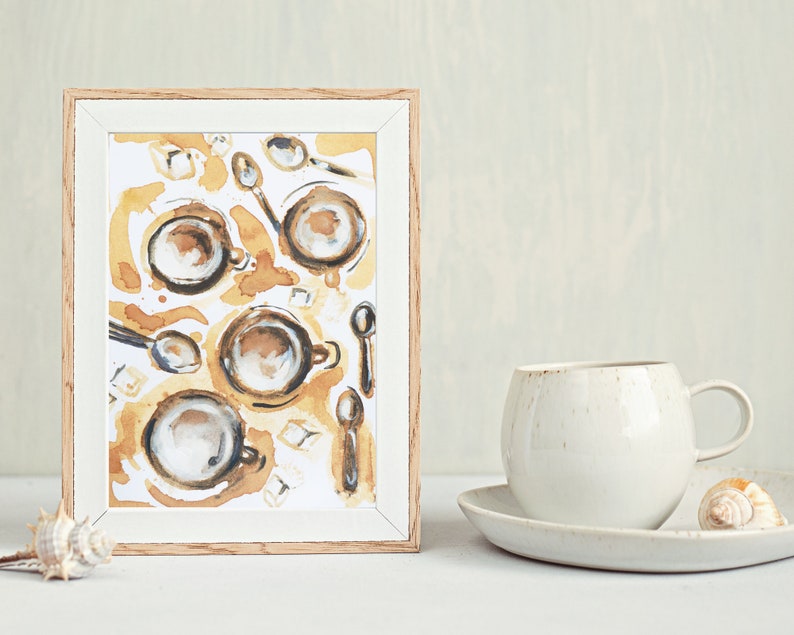 Watercolour digital coffee print, instant download, printable art, kitchen print, wall print, coffee cups and sugar print, coffee painting zdjęcie 1