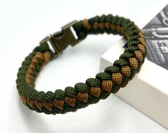 Pulseira de paracord verde e bronze — Pulseira de sobrevivência de corda feita à mão para homens