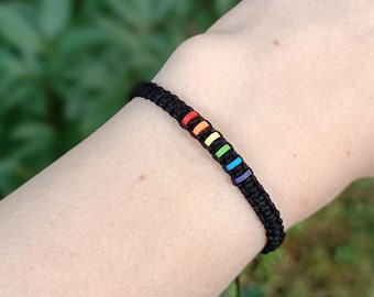 Black woven pride bracelet with rainbow accent | Handmade friendship bracelet