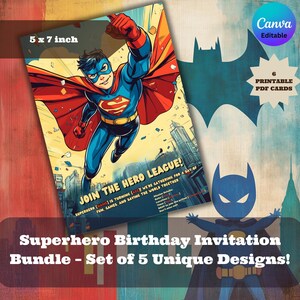 Pacote de convites de aniversário de super-heróis, convites para festas em estilo de quadrinhos, cartões de aniversário para crianças para impressão, modelos editáveis do Canva, conjunto de 5 designs