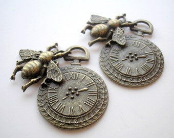 2 Bumblebee Steampunk Pendants or Charms - Bronze Bee Pendants, Clock with Bee, Steampunk Jewelry Supplies