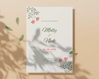 Plantilla de invitación de boda minimalista, invitación de boda imprimible, invitación de boda digital, invitación de flores vintage