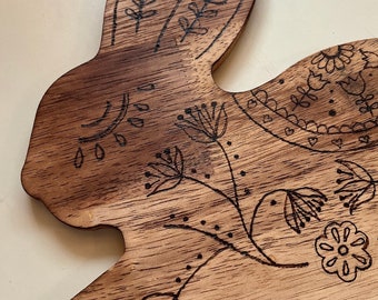 Year of the Rabbit or Easter serving or decor tray. Folk design wood burned by hand.