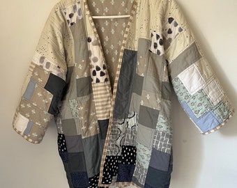 Sample* Neutral blue and gray patchwork quilt coat -S