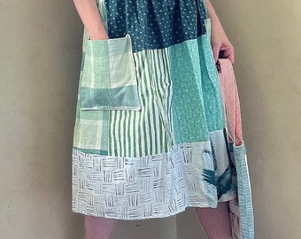 SAMPLE* Blue and green patchwork quilt scrap easy wear elastic skirt.  Sz L.  Upcycle, no waste.:)