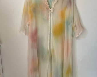 Colorful abstract hand painted sheer vintage robe