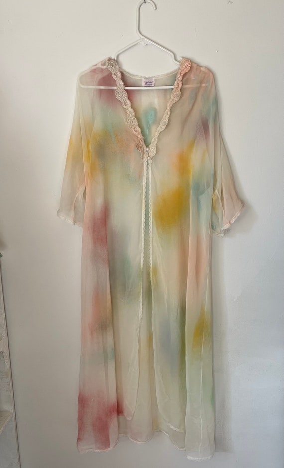 Colorful abstract hand painted sheer vintage robe