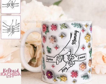 Usted sostiene nuestra taza de manos, taza de madre personalizada, taza de flor de mamá, taza de nombres de mamá con niños, taza del día de la madre, regalo para mamá, regalo para la familia