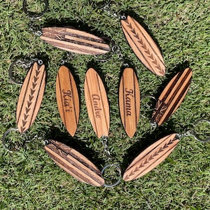 Laser Engraved Personalized Wooden Surfboard Keychains (Hawaiian Flag/Hae Hawaii/Tribal Arrow designs)