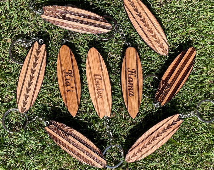 Laser Engraved Personalized Wooden Surfboard Keychains (Hawaiian Flag/Hae Hawaii/Tribal Arrow designs)