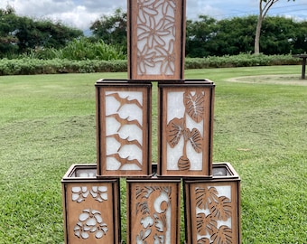 Laser Cut Wooden Hawaiian Tea Light Lanterns (Monstera, Kalo/Taro, Iwa, Makini, Puakenikeni, Tiare)