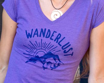 Wanderlust T-Shirts for Women, Camping, Hiking, Outdoor Adventure, Travel Shirt with Sun and Mountains, Ladies Graphic Tees