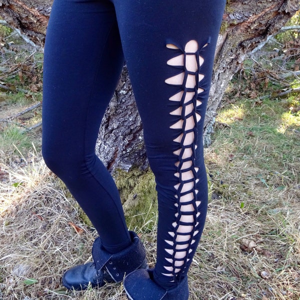 Boho Braided Sexy Cut Out Leggings for Women | Yoga Pants | Festival Clothing for Burning Man | Mad Max Steampunk Black Tribal Pants