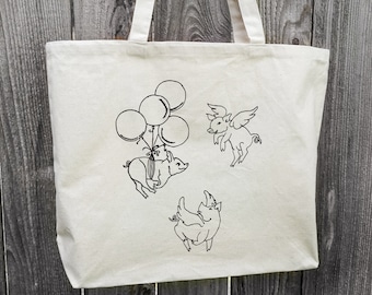Draagtas van biologisch katoencanvas met varkensvlieg | Grappige boodschappentas
