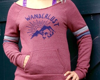 Wanderlust Off Shoulder Top, Women Camping Shirt, Adventure Shirt, Slouchy Sweatshirt, Mountains Sweatshirt, Hiking Sweatshirt, Sweater