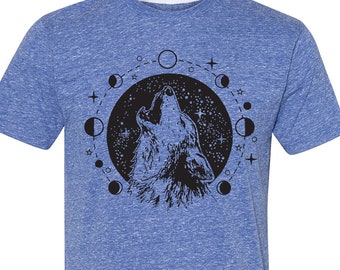 Boho Wolf Graphic Tee for Camping or Hiking | Celestial Moon Phases Zodiac Mens Tshirt | Animal Nature Wiccan Pagan Clothing