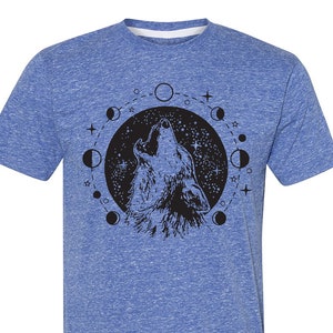 Boho Wolf Graphic Tee for Camping or Hiking Celestial Moon Phases Zodiac Mens Tshirt Animal Nature Wiccan Pagan Clothing image 1