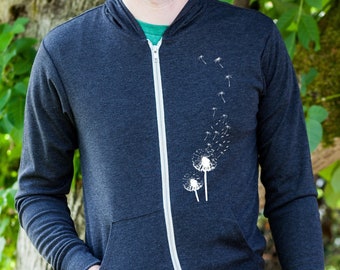 Dandelion Print Mens Hoodie, Gift for Him, Dark Gray Zip Up Hoodie, Zipper Graphic Sweatshirt, Eco Friendly Father's Day Gift