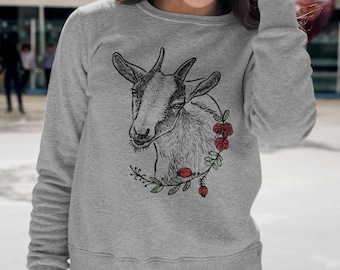 Floral Goat Sweatshirt, Goat Gifts for Women, Crewneck Sweatshirt for Farm Girl, Flowers and Animals Pullover Sweater Shirt