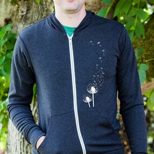 Dandelion Print Mens Hoodie, Gift for Him, Dark Gray Zip Up Hoodie, Zipper Graphic Sweatshirt, Eco Friendly Father's Day Gift