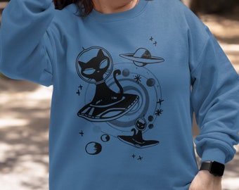Alien Black Cat Crewneck Sweatshirt for Women | Astronomy Space Cat Sweater for Men | Kitty Sphynx Spaceship Sci-Fi Shirt
