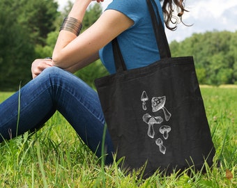 Dark Academia Mushroom Tote Bag Aesthetic | Cottagecore Canvas Tote Bag for Shopping or Gardening | Black Trendy Reusable Eco Friendly